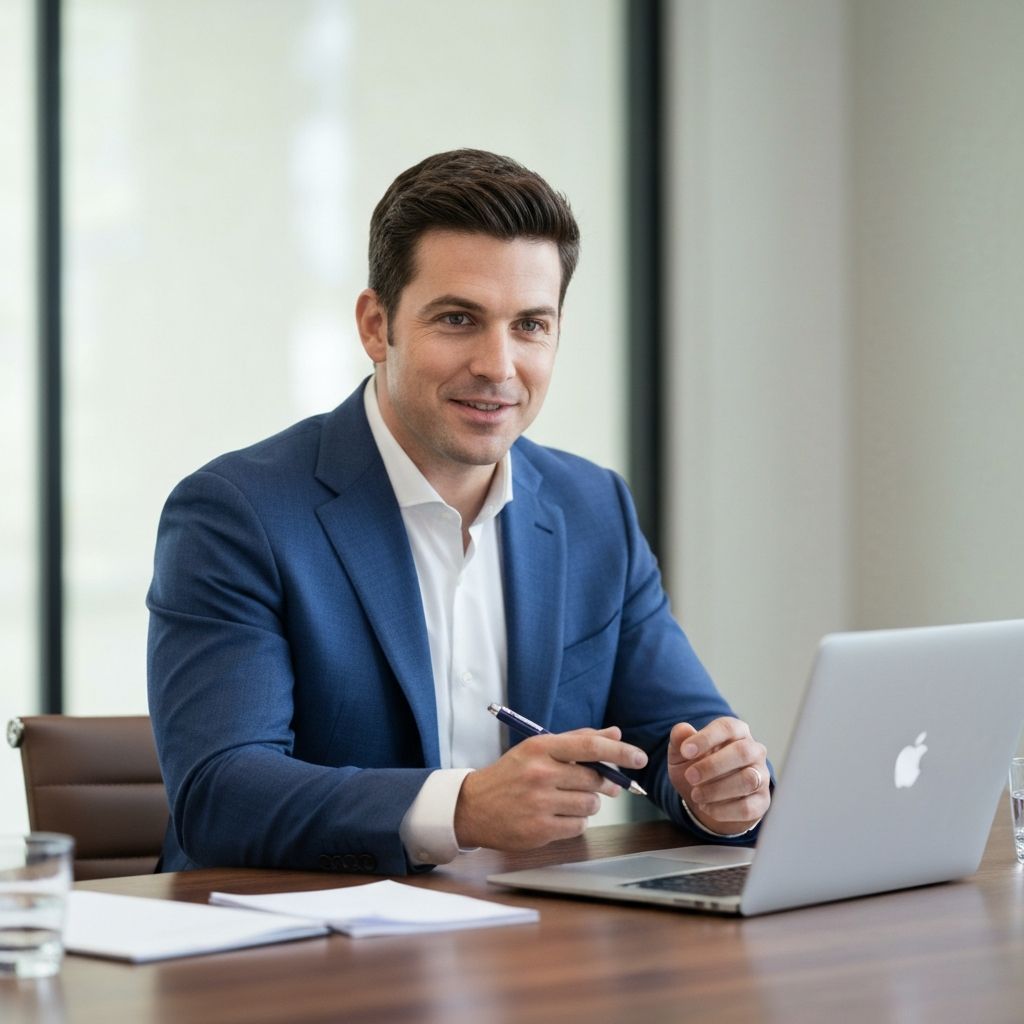 A man at his desk looking relieved after finding a solution online